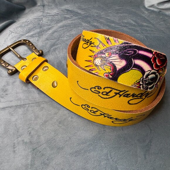 Ed Hardy Men / Women Size S Panther Roses Floral Design Yellow Leather Belt - Picture 1 of 5